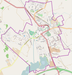 Mapa konturowa Biskupca, w centrum znajduje się punkt z opisem „Parafia bł. Karoliny Kózkówny w Biskupcu”