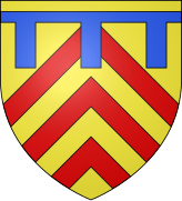 Blason avec 3 chevrons rouges sur fond jaune et une barre horizontale bleue avec des pendants verticaux