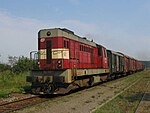 A 742 series locomotive leads a freight train at Bolehošť station in July 2006