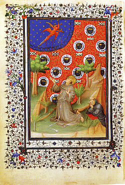 Livre d'heures de Jean de Boucicaut : Saint François d'Assise recevant les stigmates. Attribuée au Maître de Boucicaut, vers 1405-1408. Musée Jacquemart-André, Paris, Ms.1311, f.37 verso