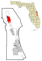 フロリダ州におけるブレバード郡の位置（右上図）と、同郡におけるタイタスビル市の位置