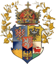 Coat of arms of the Bohemian crown lands (until 1635), clockwise from left above: (checked) Eagle of Moravia, Eagle of Lower Silesia, Ox of Lower Lusatia, Eagle of Upper Silesia, Wall of Upper Lusatia, en surtout Bohemian Lion, upon Crown of Saint Wenceslas, garlanded by lime. Drawn by Hugo Gerard Strohl (1851-1919) Coat of Arms of the Crown of Bohemia.png