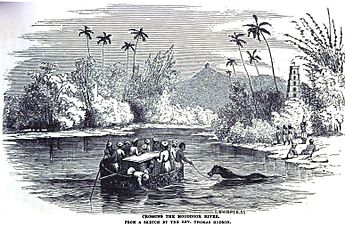 Crossing the Moodoor River, From a sketch by the Rev. Thomas Hodson (March 1851, VIII, p. 26)