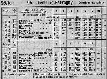 Vinterkøreplan for trolleybus i Fribourg i 1930-31.