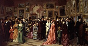 A Private View at the Royal Academy, 1881 by William Powell Frith, depicting Oscar Wilde and other Victorian worthies at a private view of the 1881 exhibition Frith A Private View.jpg