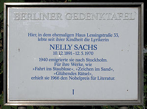 Berlin memorial plaque, Nelly Sachs, Lessingst...