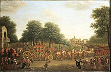 George III travelling to the State Opening of Parliament in the Gold State Coach, 1762. The route, as today, goes via Horse Guards (right). George III's Procession to the Houses of Parliament.jpg