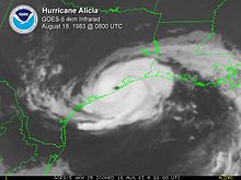 Infrared image of Hurricane Alicia as it makes landfall on the Texas coast. It has a pronounced, albeit small eye feature.
