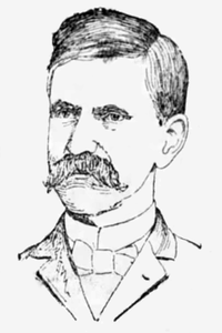 A black and white portrait illustration of a man with a mustache wearing a suit