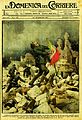 Domenica del Corriere - Anno XIX n. 38 del 23-30 settembre 1917 - L’aspirante Franceschi si era promesso di piantare, lui primo, un tricolore sulle rovine di Castagnevizza. Condotto impavidamente il suo plotone alla conquista della posizione, benché due volte ferito, tentava di inalberare il segno della vittoria, quando una scarica lo rovesciò, morto sul tricolore.