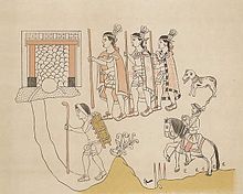Peinture représentant trois grands guerriers indigènes avec des capes et des cannes suivis par un chien. En dessous et à droite se trouve une petite représentation d'un Espagnol à cheval avec une lance. À gauche, un indigène porte un colis fixé par une sangle autour de son cou et tien une canne. Tous les personnages semblent avancer vers une porte en haut à gauche de l'image.