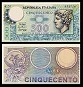 Merkur auf der Vorderseite der letzten italienischen 500-Lire-Banknote