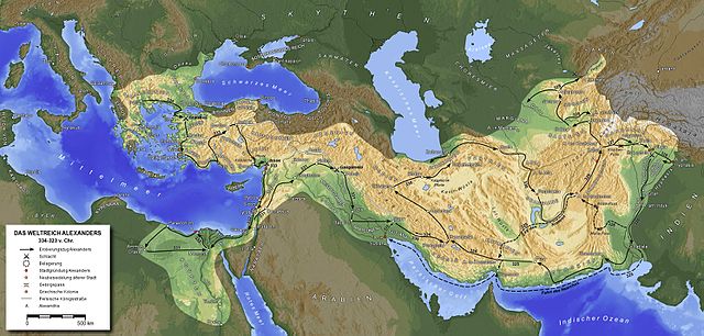 Carte du monde hellénistique après la mort d'Alexandre le Grand : depuis la Grèce et le royaume de Macédoine jusqu'au berges de l'Indus, au nord de l'actuel Pakistan. Plus des trois quart étant constitués de montagnes.