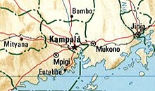 Map of Entebbe and surrounding locales, including Kampala, Mpigi, Bombo, and Jinja