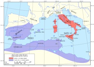 Map of Rome and Carthage at the start of the Second Punic War ko.svg