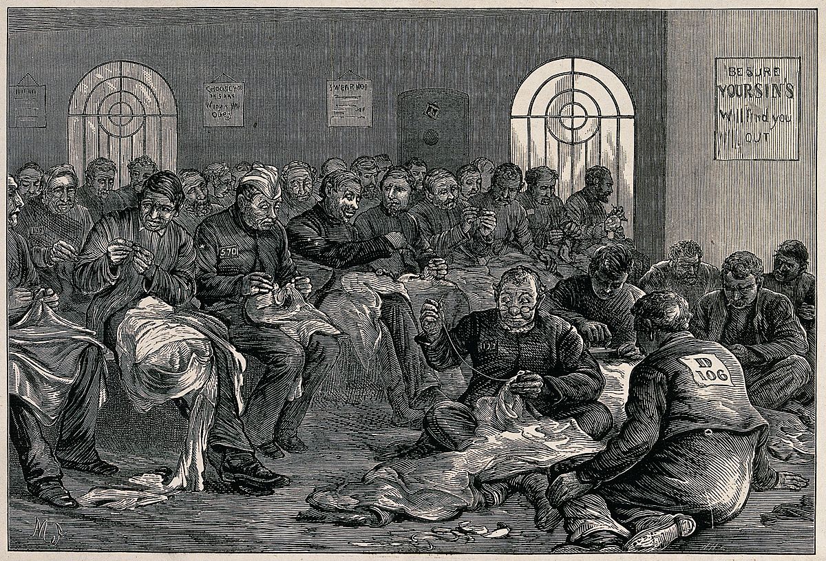 Men in prisoner's uniform are sitting in a room sewing large Wellcome V0041190.jpg