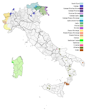 Communities recognized by Italy as historical linguistic minorities Minority Languages Italy.svg