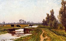 Zomerlandschap met koeien bij een brug, ca. 1860