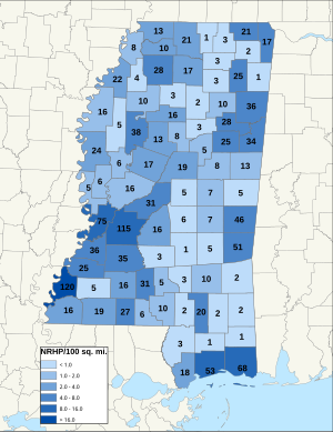 Distribuição de NRHPs nos condados no Mississippi.