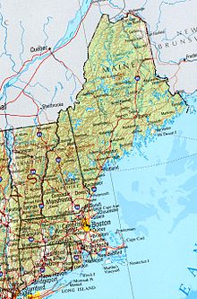 A political and geographical map of New England shows the coastal plains in the southeast, and hills, mountains and valleys in the west and the north. New england ref 2001.jpg