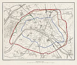 1859 Paris Chemin de fer de Petite Ceinture railway. An 1859 Paris map I assembled from the BnF cleaned, color-corrected and colorised to show Paris' walls and the still-new first lengths of the Chemin de fer de Petite Ceinture railway.