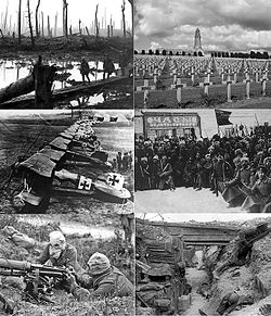Da in alto a sinistra: fanti britannici a Ypres, ossario di Douaumont, moti rivoluzionari in Russia, fanti britannici in trincea sul fronte occidentale, serventi tedeschi di una mitragliatrice Vickers con maschera antigas, aerei Albatros DIII tedeschi.