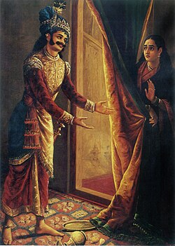 Lukisan karya Raja Ravi Varma, menggambarkan Kicaka yang mencoba menggoda Malini (Dropadi).