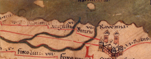 The city of Ravenna, Western Roman capital, on the Tabula Peutingeriana
, a 13th-century medieval map possibly copied from a 4th- or 5th-century Roman original Ravenna(Peutinger Map).png