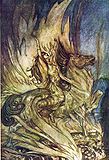 Brünnhilde rir hesten Grane inn i flammene. Bilde av Arthur Rackham