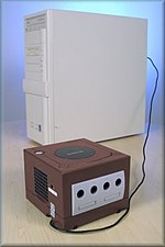 A development GameCube connected to a computer.