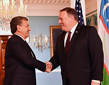 U.S. Secretary of State Mike Pompeo meets with the President of Uzbekistan Shavkat Mirziyoyev, at the Department of State in Washington, D.C., on 17 May 2018. Secretary Pompeo Meets with President of Uzbekistan Shavkat Mirziyoyev (42129787772).jpg