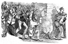 The mob attempting to set fire to Camden Station. Setting fire to camden station.png