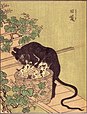 Das hochformatige Bild im japanischen Stil zeigt eine menschengroße schwarze Ratte, die über einem mit Kätzchen gefüllten großen Korb gebeugt steht und eines der Kätzchen im Maul hält. Der Korb steht auf einer schmalen hölzernen Plattform am Fuß einer Treppe. Am Geländer wachsen Rankpflanzen. Der Hintergrund ist leer und oben rechts steht klein in japanischer Schrift „Kyuuso“.