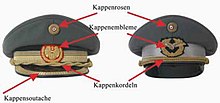 Diagram of peaked caps used by the Austrian Armed Forces (labels in German) Tellerkappe Fliegertellerkappe.jpg