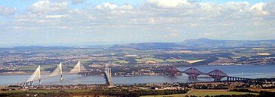 From left to right: The Queensferry Crossing, the Forth Road Bridge and the Forth Bridge from the South Queensferry side The Firth of Forth and its bridges (geograph 5831088).jpg