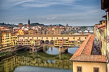 While most Italian cities receive water from wells and springs, some cities depend for their water supply on rivers such as the Arno River that supplies Florence. The Ponte Vecchio "Old Bridge" and Arno River, Florence, Italy.jpg
