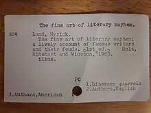 Card from card catalog: The fine art of literary mayhem by Myrick Land The fine art of literary mayhem (card catalog card).jpg