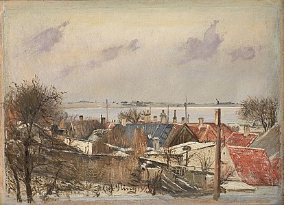 L.A. Ring, Udsigt over Sankt Jørgensbjerg og Roskilde Fjord. Vinterdag, Statens Museum for Kunst