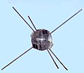 Small, round satellite with six rod antennas radiating from it