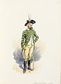 第5驃騎兵連隊喇叭手。ボタンホールに肋骨風の装飾がなされている（1785年）