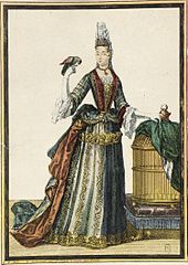 Abendkleid, Modestich von Nicolas Bonnart, ca. 1695-1702