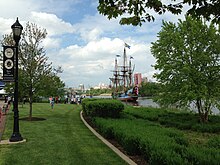 The Kalmar Nyckel with the Wilmington skyline in the background Wilmington Riverfront.JPG