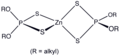 Obecný vzorec zinečnatých dialkyldithiofosforečnanů, používaných jako protioděrové přísady v mazivech.[2]