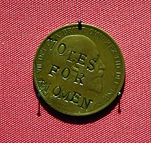 "Votes for Women", a penny defaced by suffragettes in the UK, 1930 or later. One penny of Edward VII, obverse, copper, 1903. On display at the British Museum. "Votes for Women", a penny defaced by Suffragettes, UK, 1930 or later. One penny of Edward VII, obverse, copper, 1903. On display at the British Museum.jpg