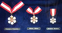 The three grades in the Order of Canada (Companion, Officer and Member, respectively) . 3 Order of Canada grades.JPG