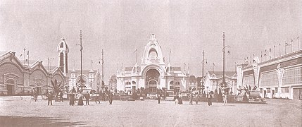 Vue générale des palais de l'exposition issue d'une carte postale d'époque des Imprimeries réunies de Nancy.
