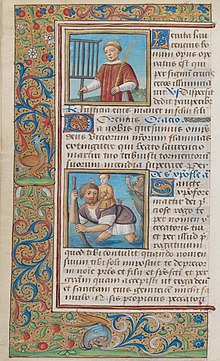 Page from a Latin book of hours, with miniatures of saints. Book of Hours of Alexandre Petau, 16th century, Rouen, well after printing had become more common. Archive-ugent-be-7F0C4994-C579-11E7-8646-155E6EE4309A DS-46 (cropped).jpg