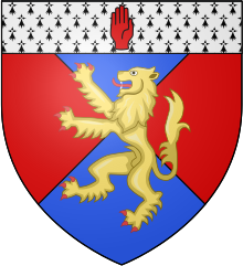 The arms granted to the Rev. Hosea Guinness in 1814, Per saltire gules and azure a lion rampant Or on a chief ermine, a dexter hand couped at the wrist of the first, include the Red Hand of Ulster. His motto was Spes mea in Deo [My hope in God] Arms of Guinness.svg