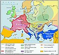 Carolingian Empire (800-888), Byzantine Empire (286/395–1453 AD) and Abbasid Caliphate (750-1258/1261-1517 AD) in 850 AD.