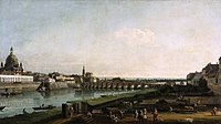 برناردو بلوتو (کانالتو): درسدن از کرانۀ راست اِلبه بر فراز پل آگوستوس، ۱۷۴۷ میلادی